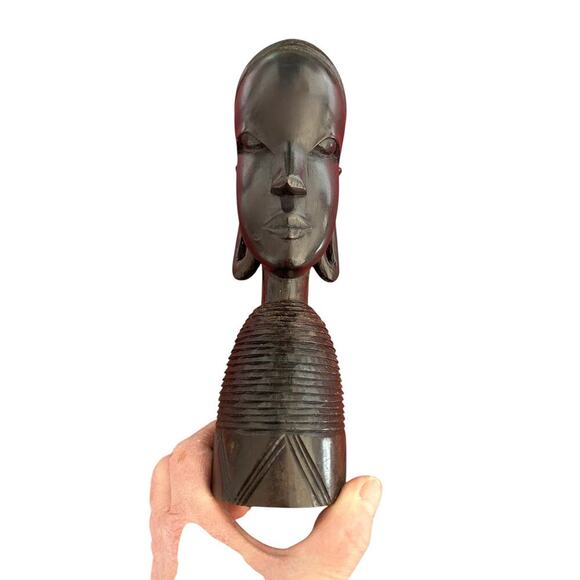 Ebony Wood African Tribal Head Statue Bust Figure 9”Tall Hand Carved Vintage - Picture 8 of 8